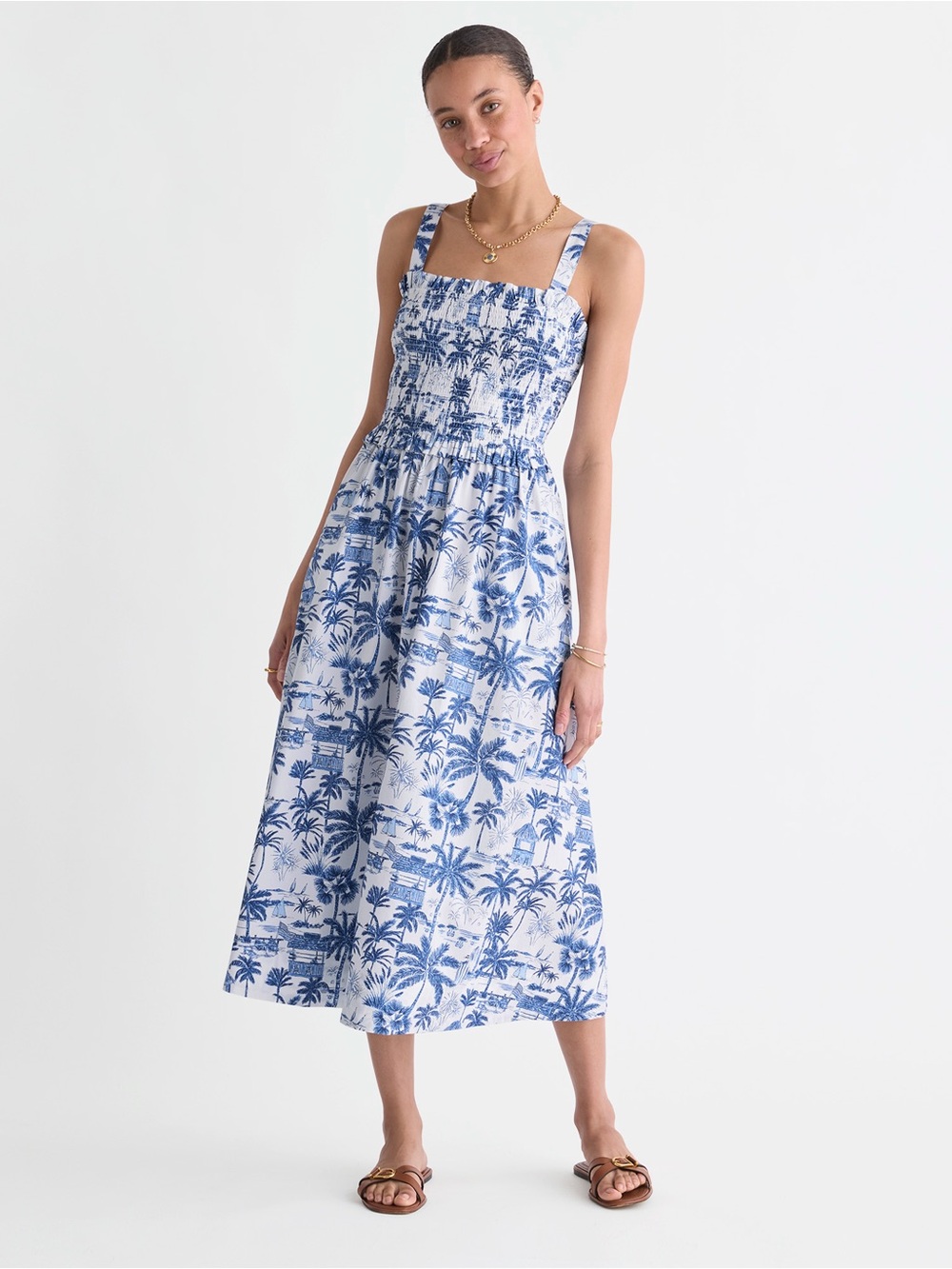 Vineyard Vines Blue and White Palm-Print Midi Dress